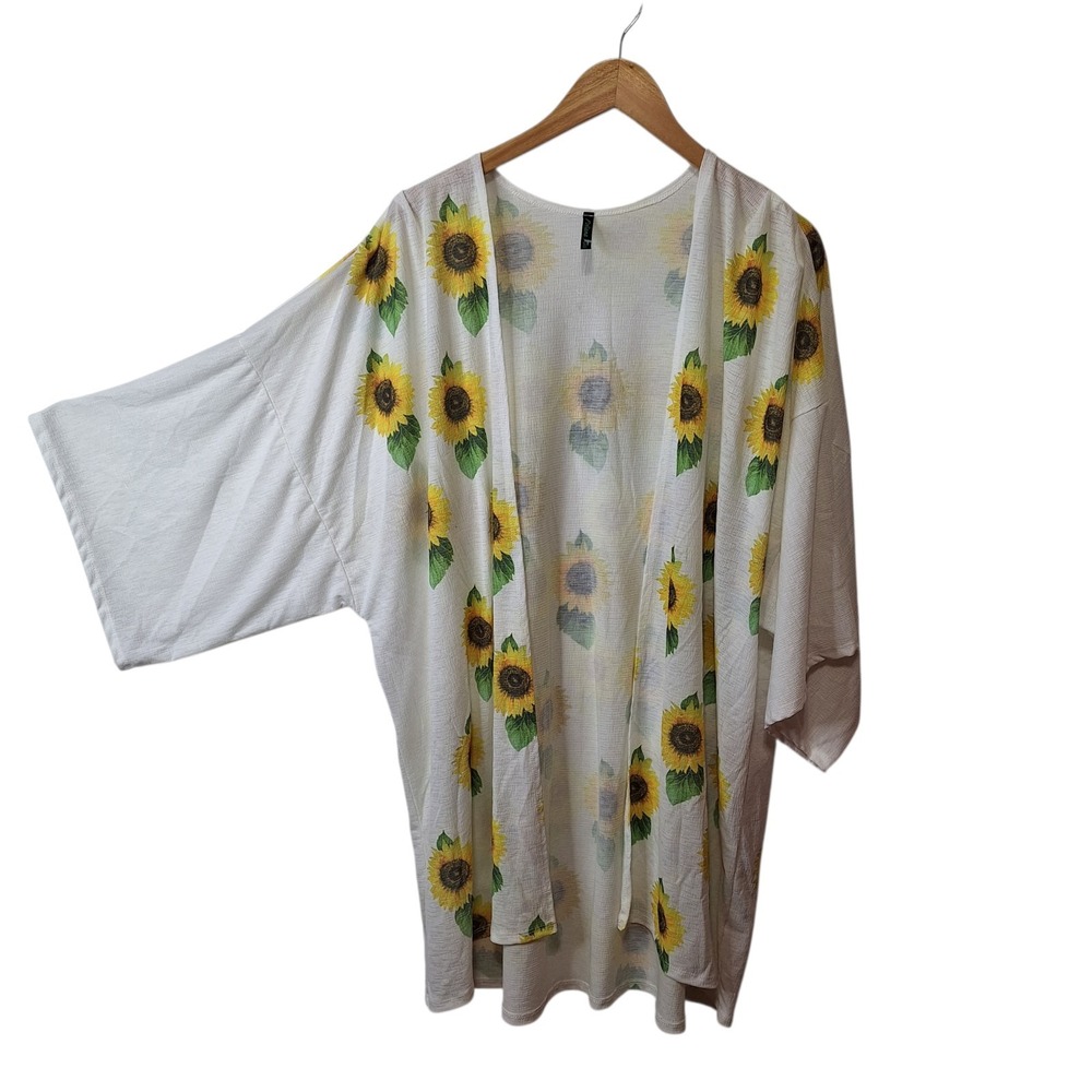 Poliana Plus 3X Womens Open Front Kimono Style Cardigan White‎ Sunflower Print